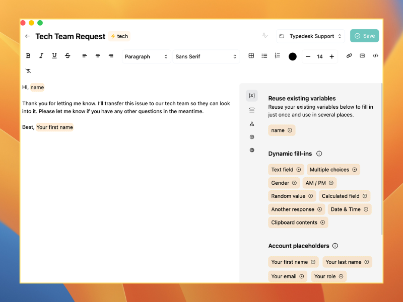 A shared, reusable Gmail reply template with variables and dynamic fill-ins in Typedesk