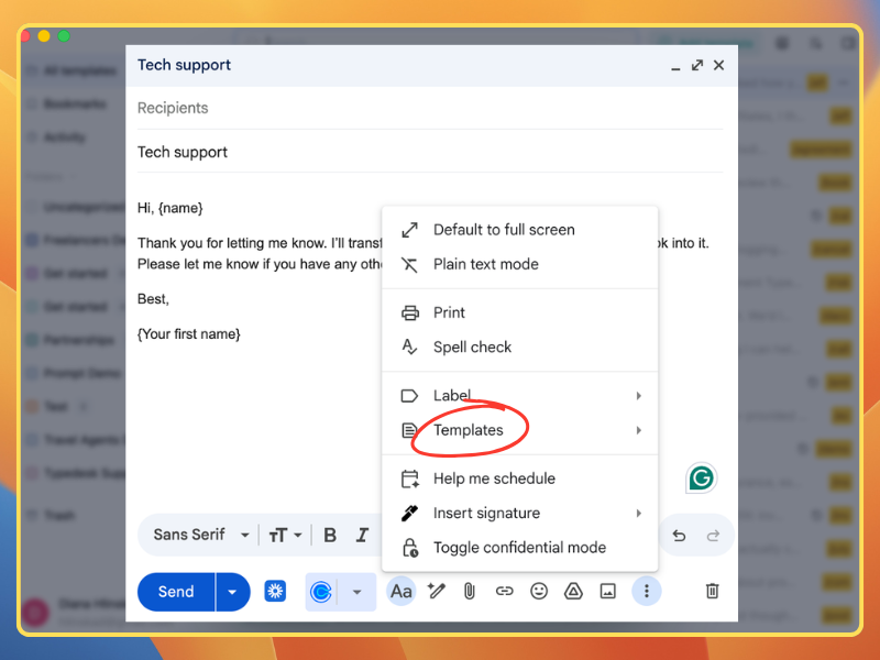 Saving and inserting a Gmail template from the compose three-dot menu