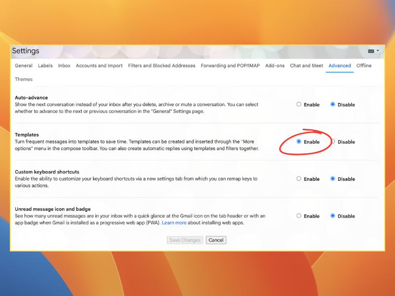 Enabling Templates in Gmail settings under the Advanced tab
