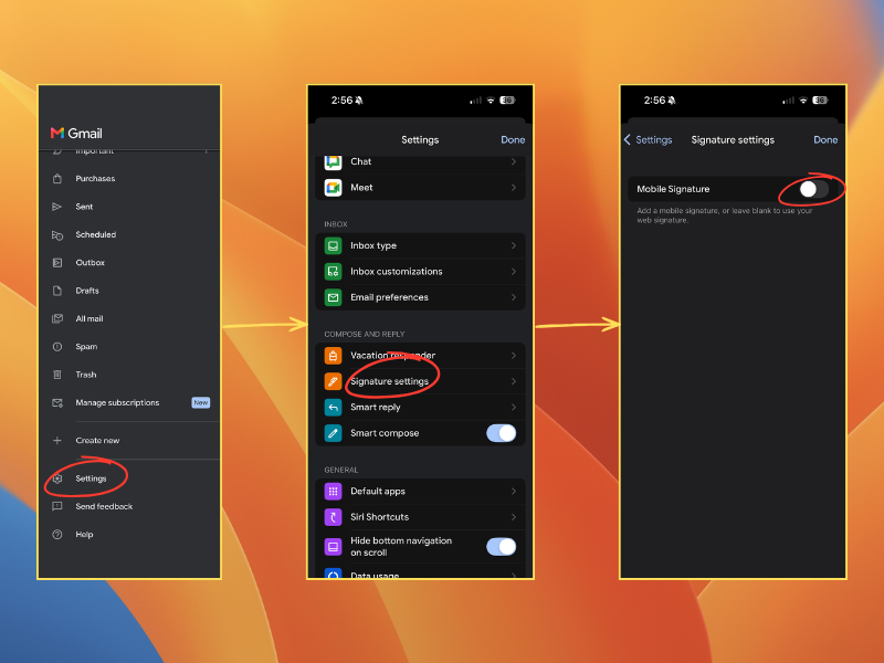 Turning on the mobile signature in the Gmail app settings