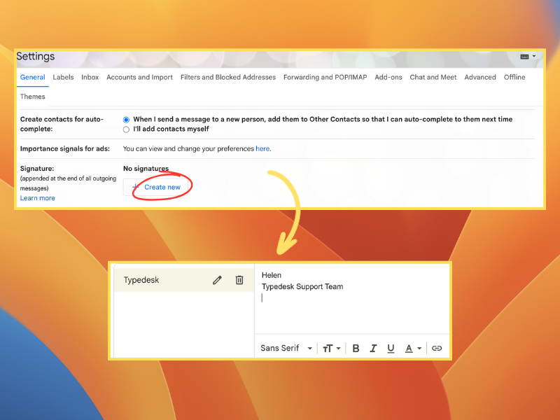 Creating a new signature in Gmail settings under the General tab