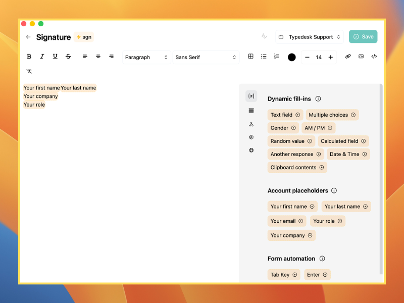 A shared email signature template with name, company, and role variables in Typedesk
