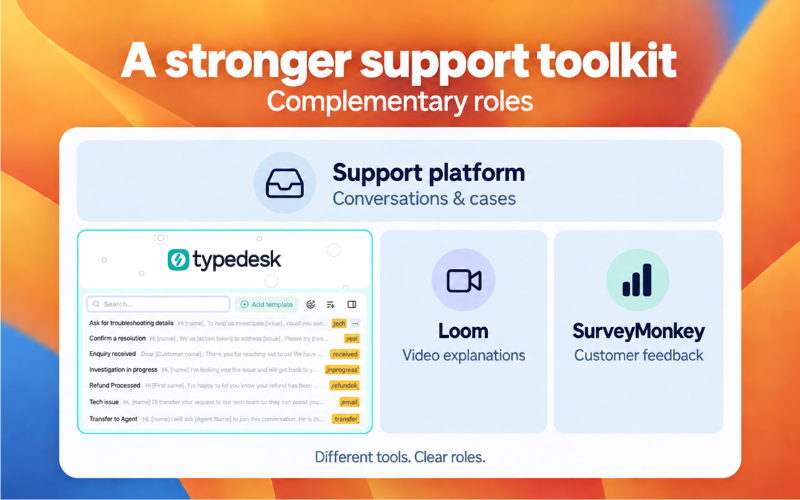Complementary roles in a support toolkit: support platform for conversations and cases, Typedesk for shared responses, Loom for video explanations, SurveyMonkey for customer feedback