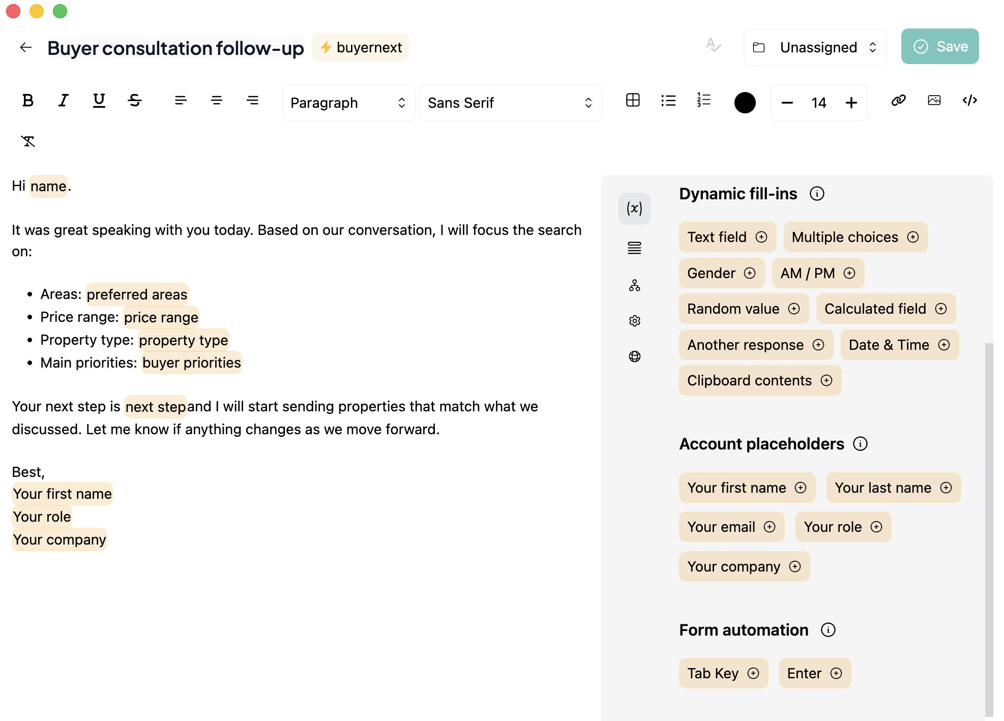 Typedesk editor showing the buyer consultation follow-up template with fill-in placeholders
