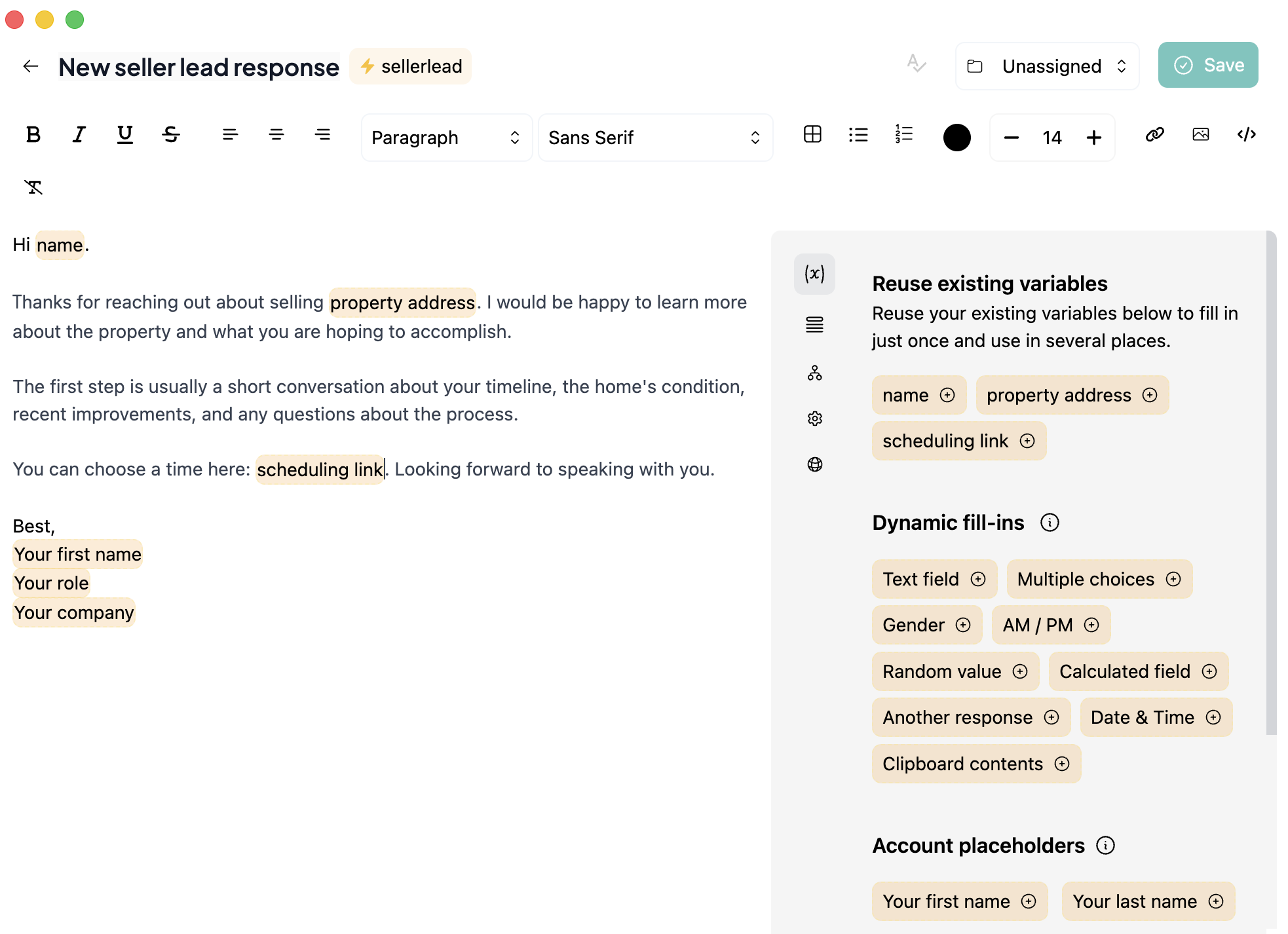 Typedesk editor showing the new seller lead response template with fill-in placeholders