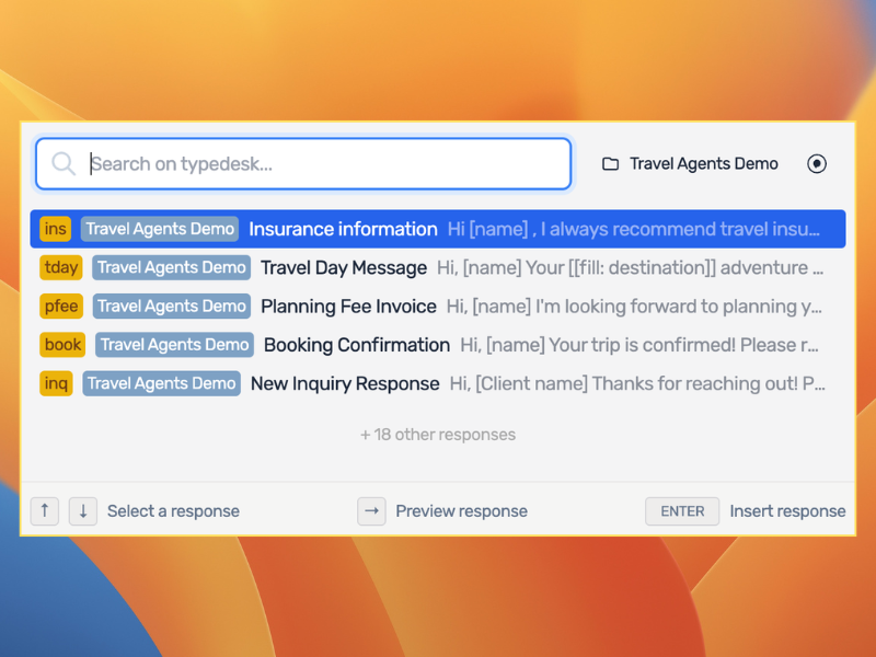 Typedesk response picker showing saved canned responses with shortcuts in a shared team library