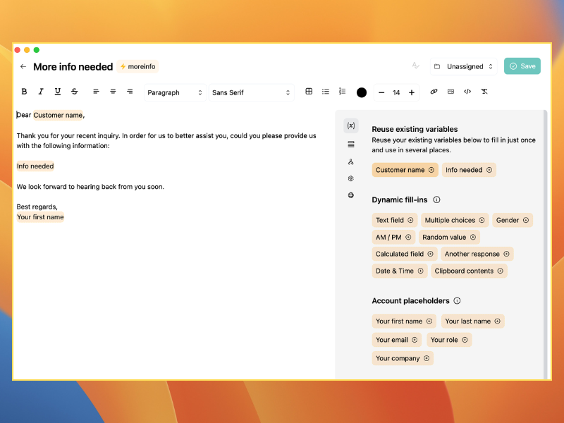 Typedesk editor showing a canned response with reusable variables and dynamic fill-ins