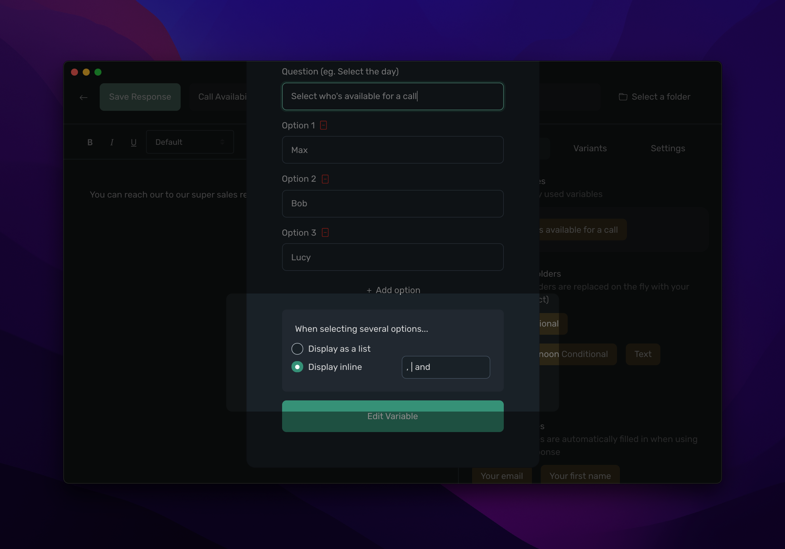 ask to choose one or more option(s) with multiple... Select multiple options with the Select variable
