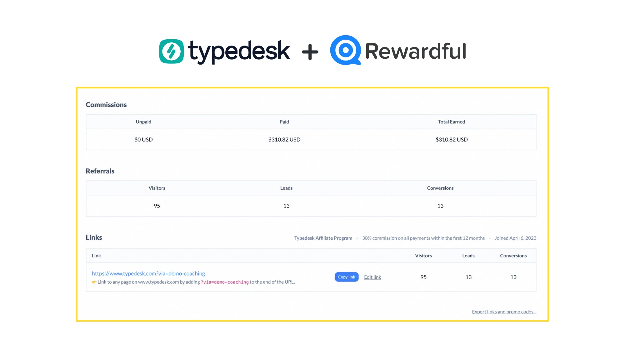 The Typedesk affiliate dashboard in Rewardful, showing your commissions, referral visitors, leads and conversions, and your tracking link with a Copy link button