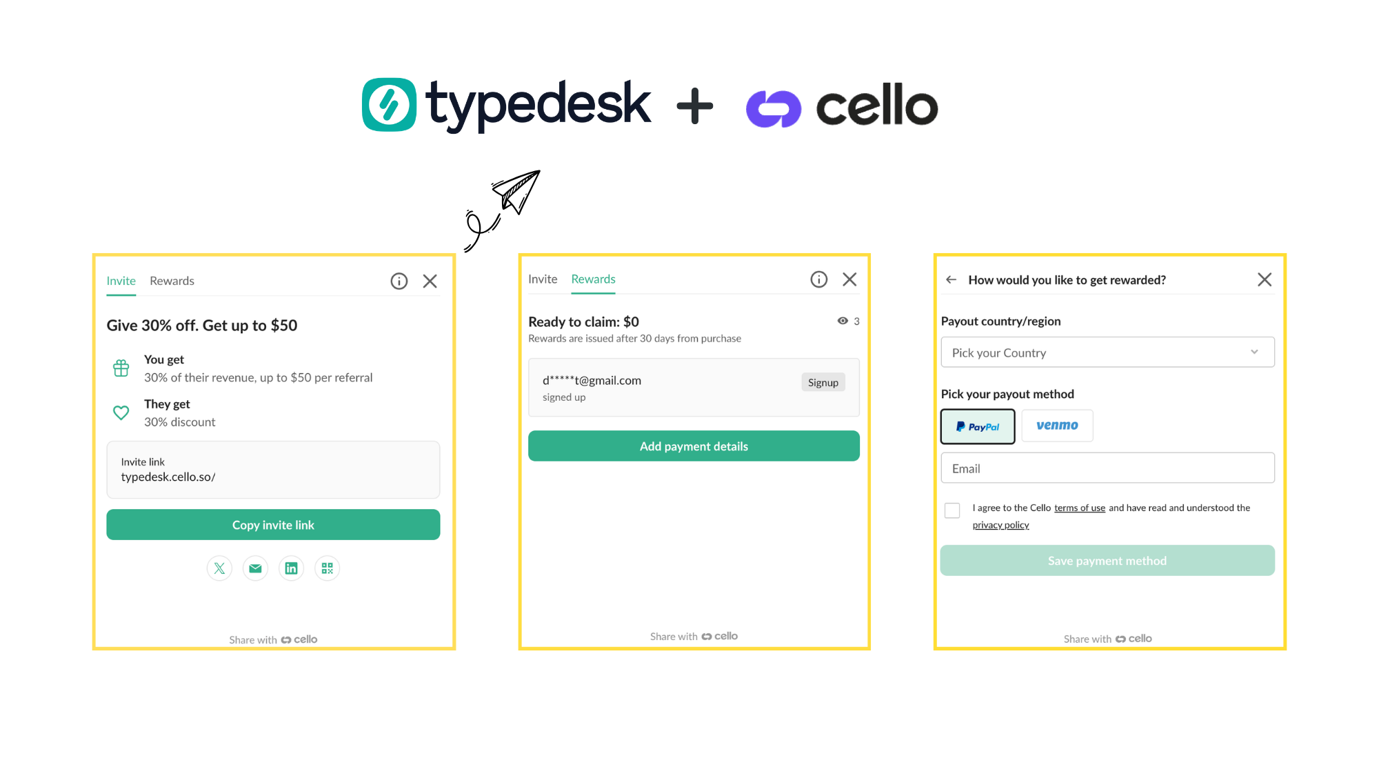 The Typedesk referral panel: the Invite tab with your invite link, the Rewards tab showing referrals and rewards ready to claim, and the payout screen with PayPal and Venmo options